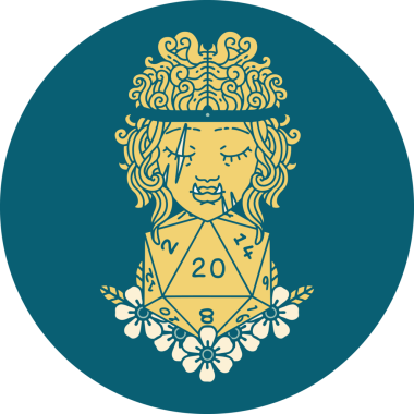 Retro Dövme Tarzı Ork barbarlığı. Bir insan tarafından çizilmiş doğal yirmi zar.