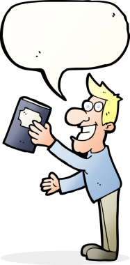 Bir insan tarafından çizilmiş konuşma balonlu kitaplı çizgi film adamı.