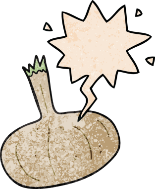 Konuşma baloncuklu karikatür soğanı bir insan tarafından çizilmiş retro doku tarzı