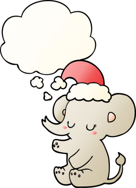Düşünce baloncuğu olan şirin noel fili bir insan tarafından çizilmiş.