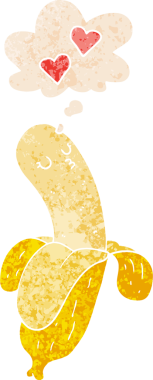 Bir insan tarafından çizilmiş, grunge 'daki düşünce baloncuğuna aşık çizgi film muzu.