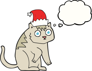 Bir insan tarafından çizilmiş Noel şapkası giyen serbest çizim baloncuk çizgi film kedisi.