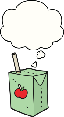 Bir insan tarafından çizilmiş düşünce baloncuklu elma suyu kutusu.