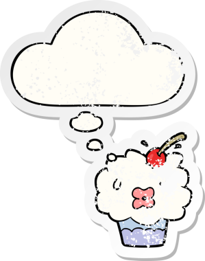 Düşünce baloncuklu çizgi film keki bir insan tarafından çizilmiş yıpranmış bir çıkartma.