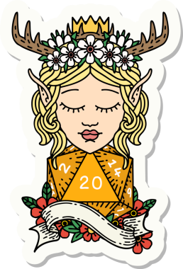 Bir insan tarafından çizilmiş 20 zarlı elf Druid karakterinin çıkartması.