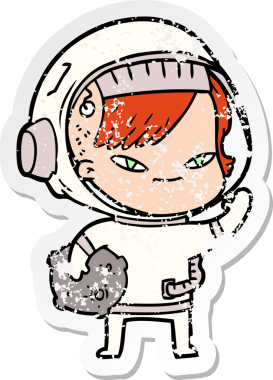 Bir insan tarafından çizilmiş karikatür astronot kadının sıkıntılı çıkartması.