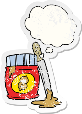 Düşünce baloncuklu karikatür fıstık ezmesi insan tarafından çizilmiş yıpranmış bir çıkartma.