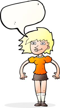 Bir insan tarafından çizilmiş konuşma balonlu mutlu kadın çizgi filmi.