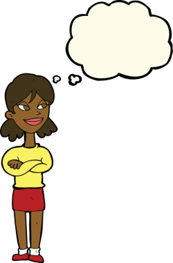 Bir insan tarafından çizilmiş düşünce balonu olan kendini beğenmiş bir karikatür kadını.