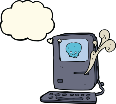 Bir insan tarafından çizilmiş düşünce baloncuklu bilgisayar virüsü karikatürü