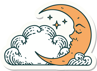 Hilal şeklinde geleneksel dövme çıkartması ve bir insan tarafından çizilmiş bulutlar.