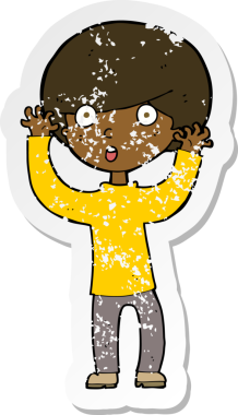 Çizgi filmin gerilimli retro çıkartması bir insan tarafından çizilmiş korkmuş çocuk.