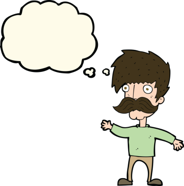 Bir insan tarafından çizilmiş düşünce baloncuğuyla bıyıklı çizgi film adamı.