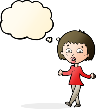 Bir insan tarafından çizilmiş düşünce baloncuğuyla omuz silken çizgi film kadını.