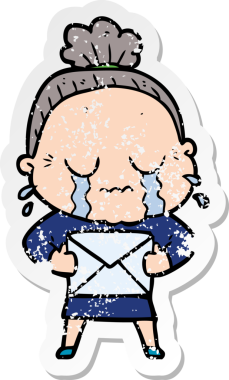 Bir insan tarafından çizilmiş bir mektupla ağlayan yaşlı bir karikatür çıkartması.