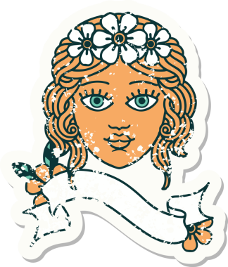 Bir insan tarafından çizilmiş çiçek taçlı bayrak takılmış eski bir çıkartma.