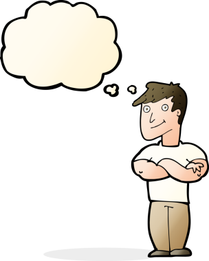 Bir insan tarafından çizilmiş düşünce balonlu kaslı bir adam.