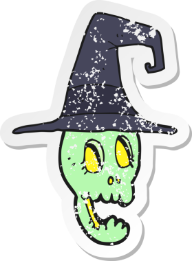 Bir insan tarafından çizilmiş cadı şapkası takan karikatür kafatası etiketi.