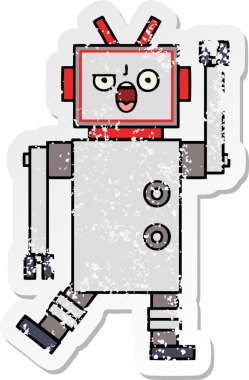 Bir insan tarafından çizilmiş kızgın bir robot çizgi film çıkartması.