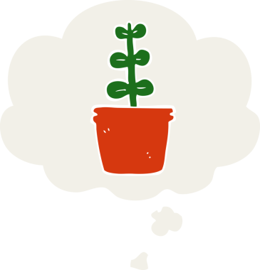 Düşünce baloncuklu karikatür bitkisi insan tarafından çizilmiş.