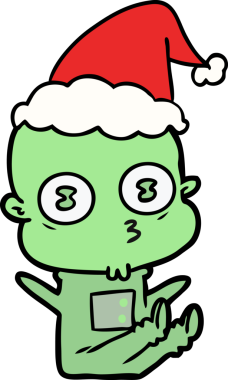 Bir insan tarafından çizilmiş Noel Baba şapkası giyen kel bir uzaylının el çizimi.