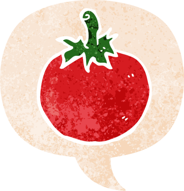 grunge 'da konuşma baloncuğu olan çizgi film domatesleri bir insan tarafından çizilmiş sıkıntılı retro dokuma tarzı