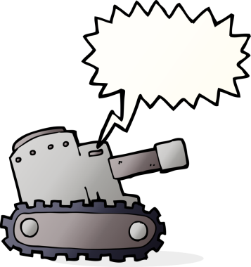 Bir insan tarafından çizilmiş konuşma balonlu karton ordu tankı.