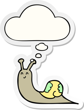 Düşünce baloncuklu tatlı çizgi film salyangozu insan tarafından çizilmiş bir çıkartma.