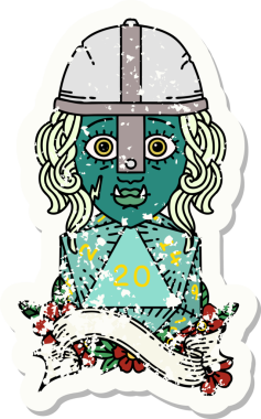 Retro Dövme Tarzı Yarı Ork Dövüşçüsü Bir insan tarafından çizilmiş doğal 20 zar ile