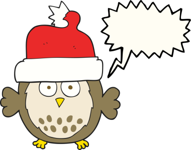 Bir insan tarafından çizilmiş noel şapkası giyen serbest konuşma balonu karikatürü baykuşu.