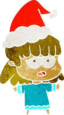 Bir insan tarafından çizilmiş Noel Baba şapkası giyen yorgun bir kadının el çizimi karikatürü.