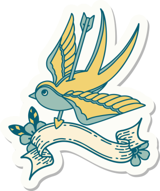 Bir insanın çizdiği okla delinmiş bir kırlangıç sancağına sahip dövme stili çıkartması