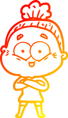 Bir insan tarafından çizilmiş mutlu, yaşlı bir kadının sıcak çizgi çizimi.