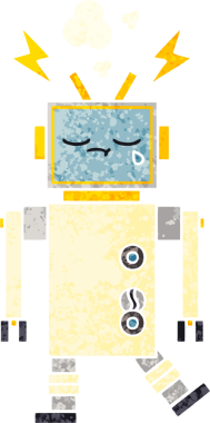 Bir insan tarafından çizilmiş ağlayan bir robotun retro çizim tarzı karikatürü