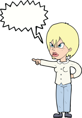 Bir insan tarafından çizilen konuşma balonuyla suçlanan karikatür kadını.