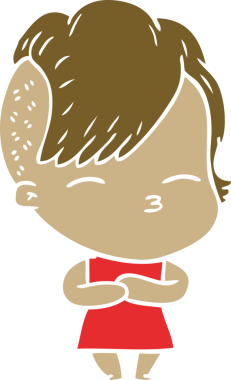 Düz renkli çizgi film çizen kız bir insan tarafından çizilmiş.