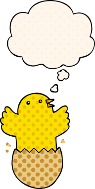 Çizgi roman tarzında düşünce baloncuğu olan yumurtadan çıkan kuş bir insan tarafından çizilmiş.