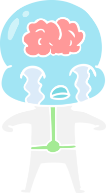 Düz renkli çizgi film. Bir insan tarafından çizilmiş büyük beyinli uzaylı ağlaması.