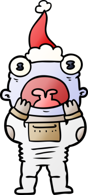 Bir insan tarafından çizilmiş Noel Baba şapkasıyla şaşırmış bir uzaylının el çizimi karikatürü.