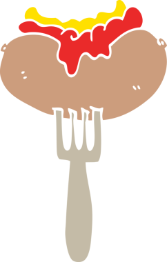 Bir insan tarafından çizilmiş hardallı ve çatallı bir sosisli çizgi film.