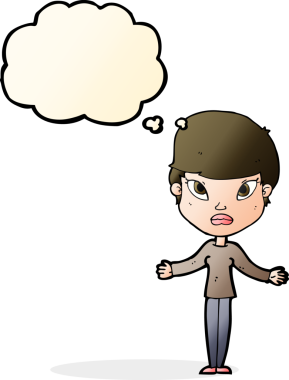 Bir insan tarafından çizilmiş düşünce baloncuğuyla omuz silken çizgi film kadını.