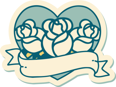 Geleneksel kalp stili dövme çıkartması ve bir insan tarafından çizilmiş çiçekli pankart.