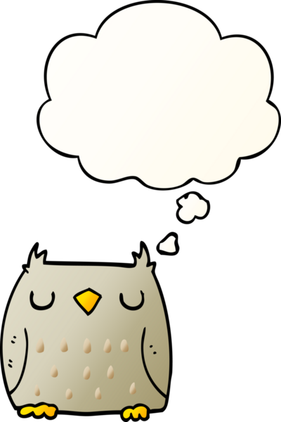 Bir insan tarafından çizilmiş yumuşak eğimli düşünce baloncuğu olan sevimli çizgi film baykuşu