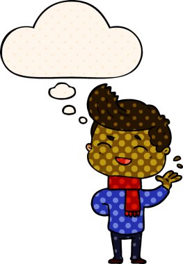 Çizgi roman tarzında bir insan tarafından çizilmiş düşünce balonuyla gülen çizgi film adamı.