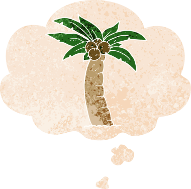 Düşünce baloncuğu olan çizgi film palmiye ağacı insan tarafından çizilmiş dertli retro desenli.