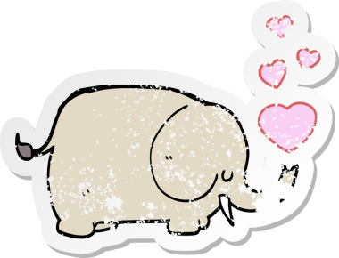 Bir insan tarafından çizilmiş sevgi dolu kalpleri olan sevimli bir filin hüzünlü çıkartması.