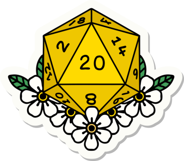 Bir insan tarafından çizilmiş 20 D20 zarının etiketi.