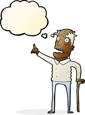 Bir insan tarafından çizilmiş düşünce balonuyla yürüyen yaşlı bir adam.