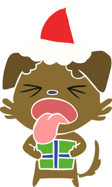 Bir insan tarafından çizilmiş Noel Baba şapkası takan bir köpeğin düz renkli çizimi.