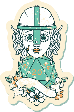 Retro Tattoo stili elf dövüşçüsü. Bir insan tarafından çizilmiş 20 zar ile.